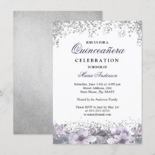 Invitación de Quinceanera floral morada Purpurina