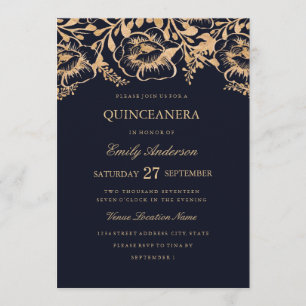 Invitación de Quinceañera Floral Naval de Oro Vint