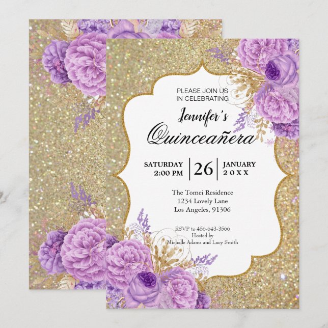 Invitación de Quinceañera Floral Púrpura Brillante (Anverso / Reverso)