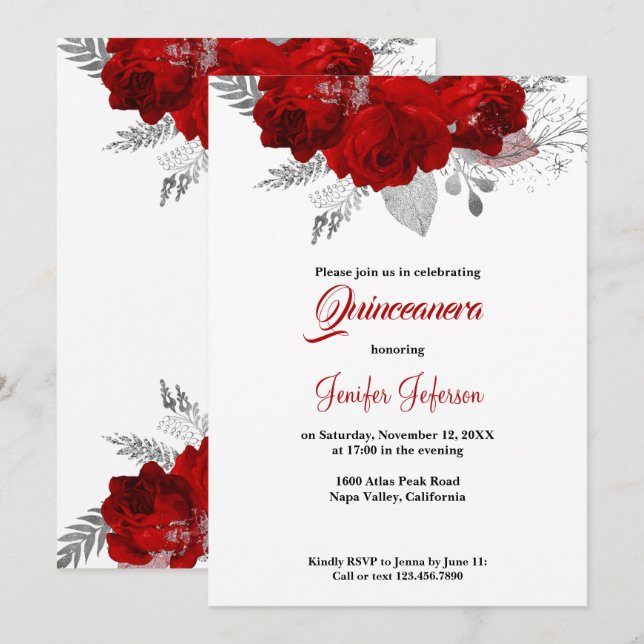 Invitación de Quinceanera floral roja (Anverso / Reverso)
