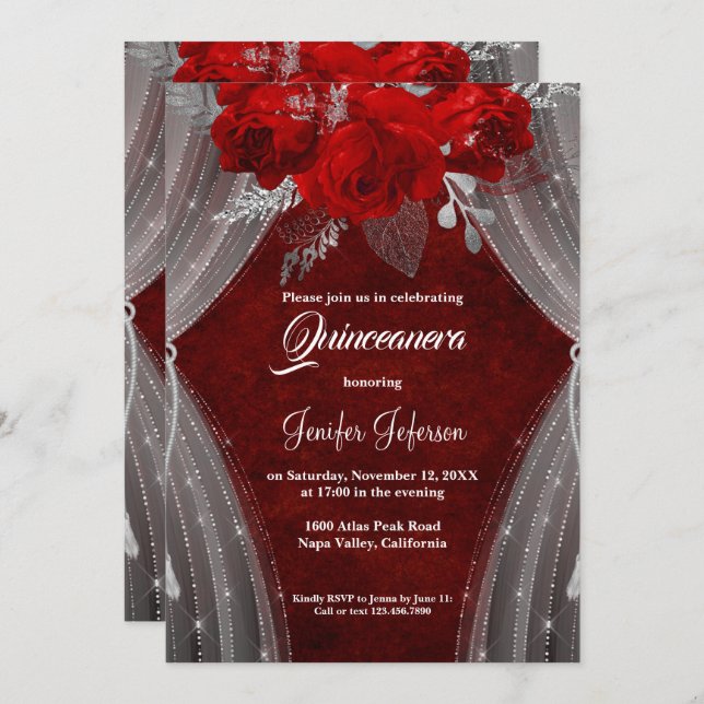 Invitación de Quinceanera floral roja (Anverso / Reverso)