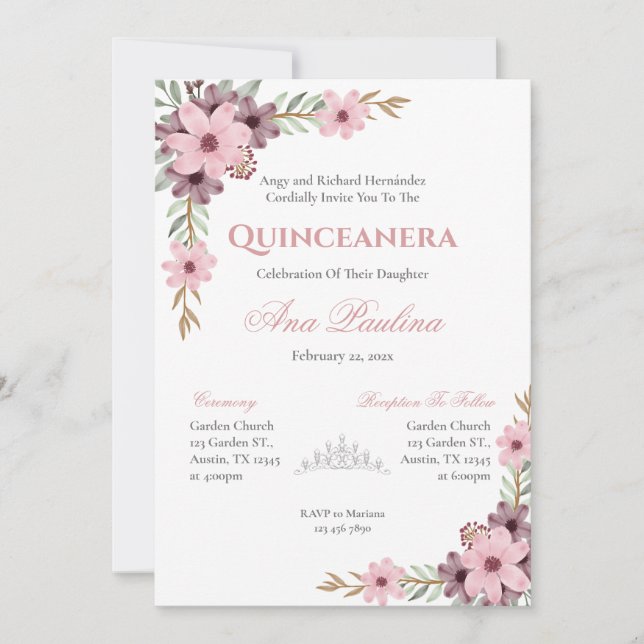 Invitación de Quinceañera floral rosa (Anverso)