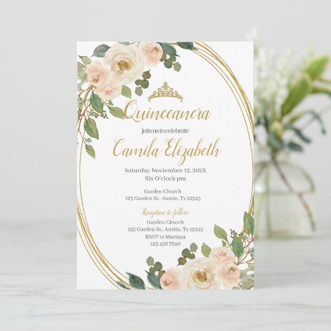 Invitación de Quinceañera floral rosa (Anverso de pie)
