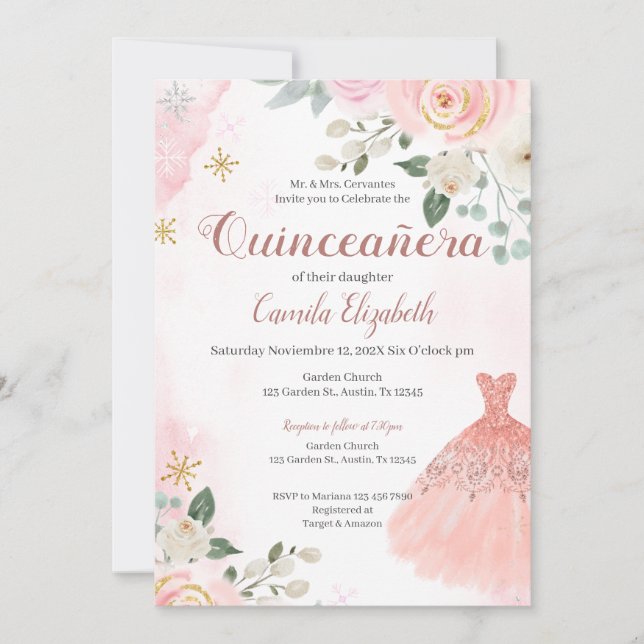 Invitación de Quinceañera floral rosa (Anverso)
