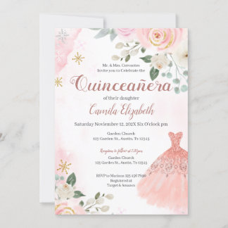 Invitación de Quinceañera floral rosa