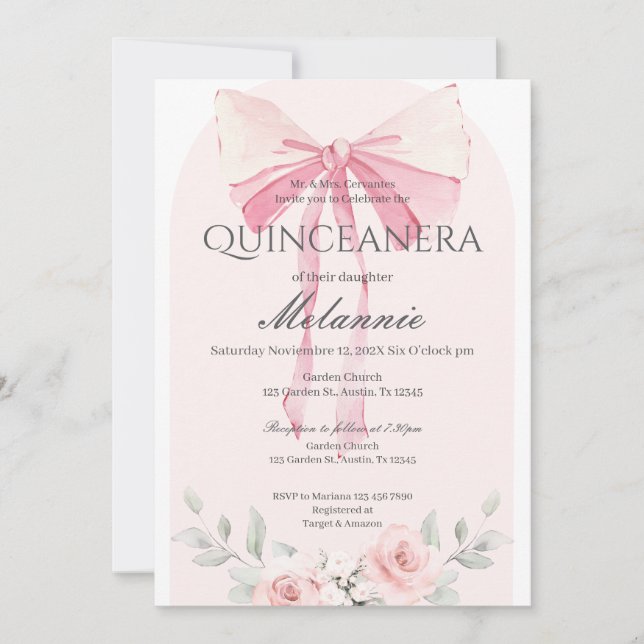 Invitación de Quinceañera floral rosa (Anverso)