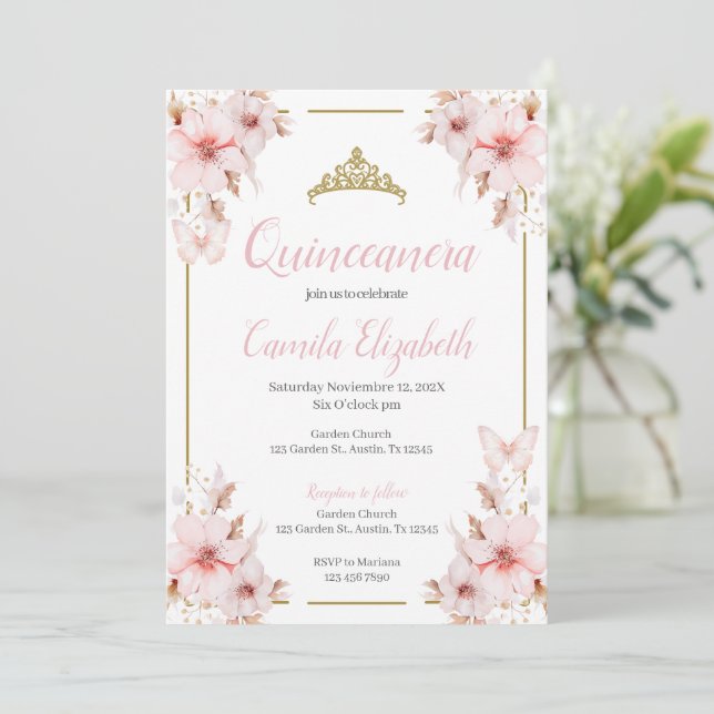 Invitación de Quinceañera floral rosa (Anverso de pie)