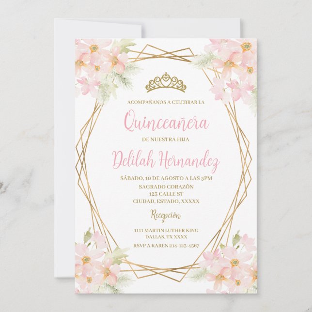 Invitación de quinceañera floral rosa Rubor (Anverso)