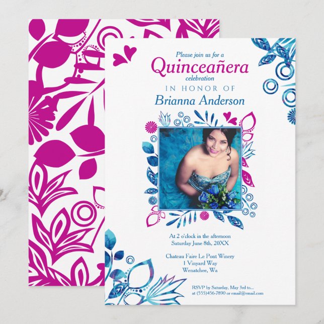 Invitación de Quinceañera floral rosa y azul (Anverso / Reverso)