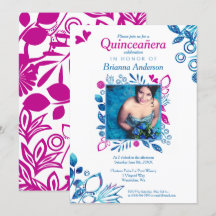 Invitación de Quinceañera floral rosa y azul