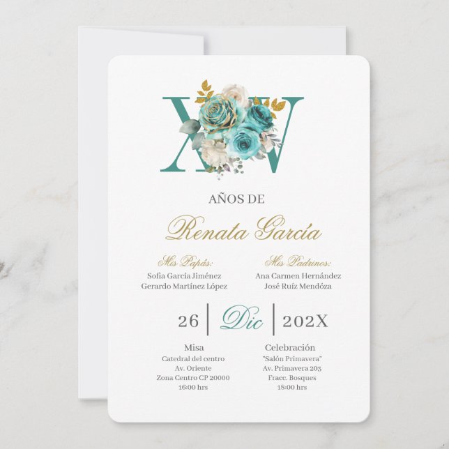 Invitación de quinceañera floral turquesa (Anverso)