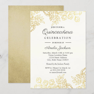 Invitación de Quinceañera Floral Vintage de Oro El