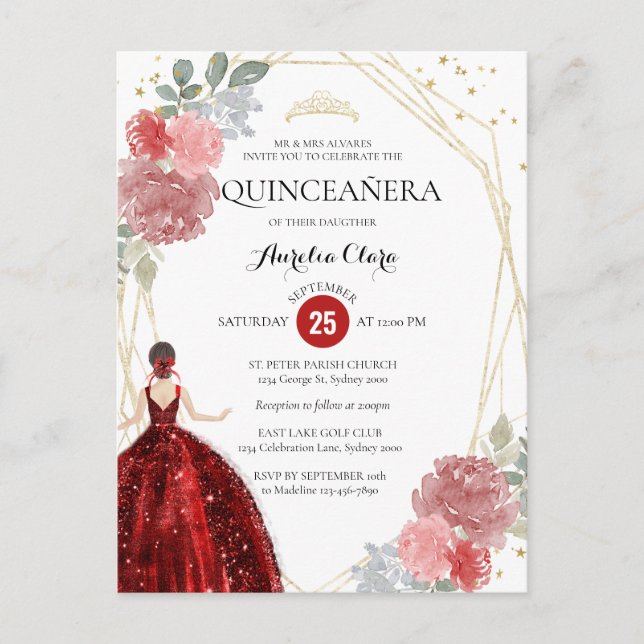 Invitación de Quinceañera Geométrica Floral Rojo R (Anverso)