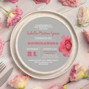 Invitación de Quinceañera gris Rosa redonda