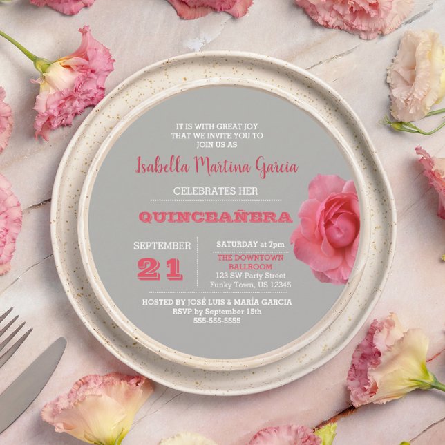 Invitación de Quinceañera gris Rosa redonda (Subido por el creador)