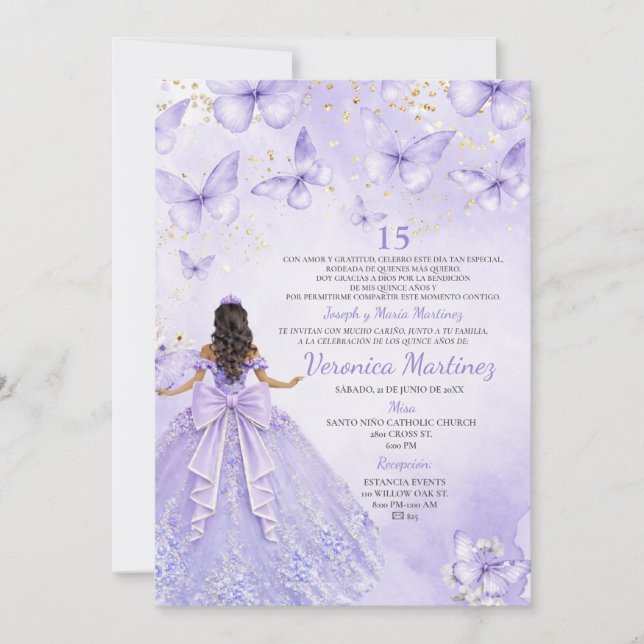 Invitación de Quinceañera Lavanda con Mariposas (Anverso)