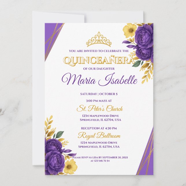Invitación de Quinceañera Lavanda y Oro (Anverso)
