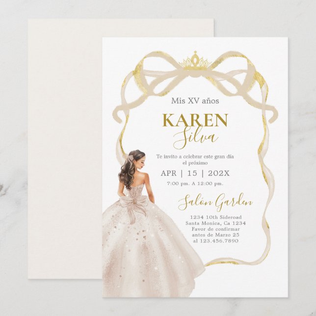 Invitación de Quinceañera Marfil y Dorado (Anverso / Reverso)