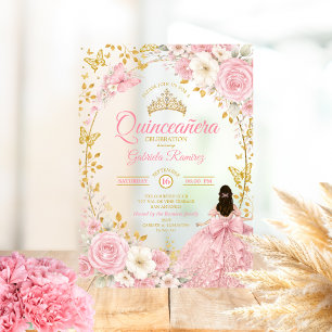 Invitación de quinceañera mariposa dorada rosa rub