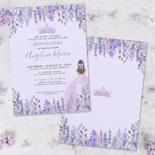 Invitación de Quinceañera Morada Floral (Floral Lavender Purple Quinceanera Invitation)