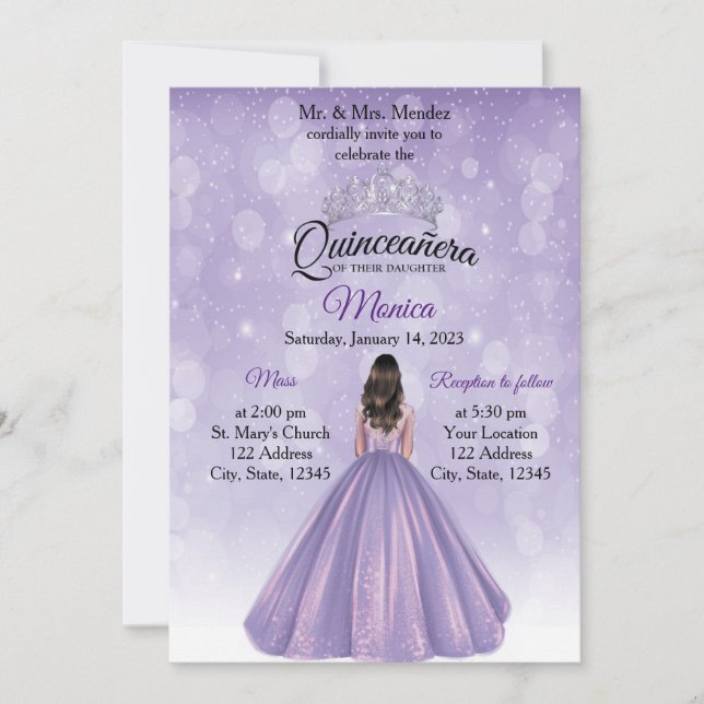 Invitación de Quinceañera Morado y Plata (Anverso)