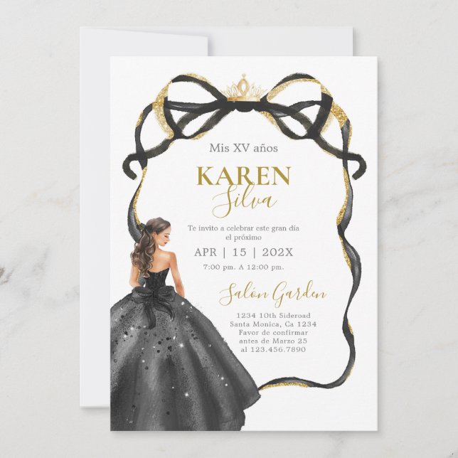 Invitación de Quinceañera Negra y Dorada (Anverso)