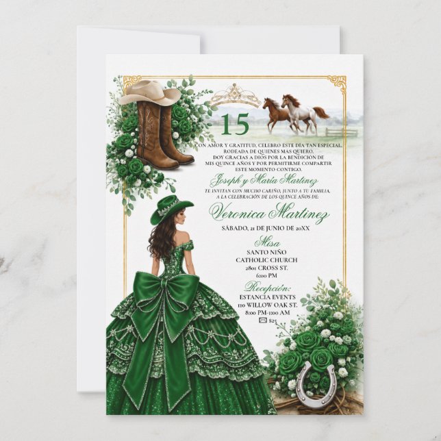 Invitación de Quinceañera Occidental Verde Esmeral (Anverso)