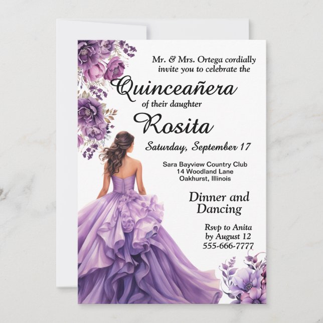 Invitación de Quinceañera para cumpleaños número 1 (Anverso)