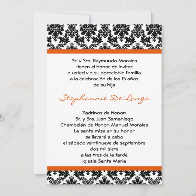 Invitación de Quinceanera para Naranja Damask (Anverso)