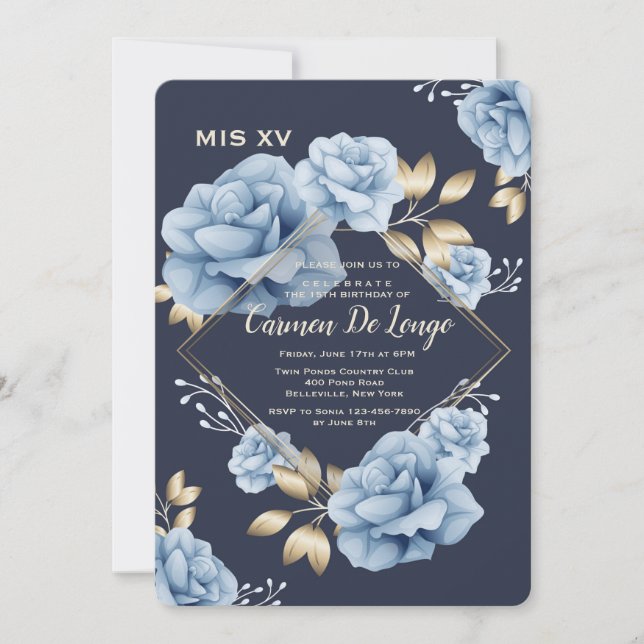 Invitación de Quinceañera para Rosas azules (Anverso)