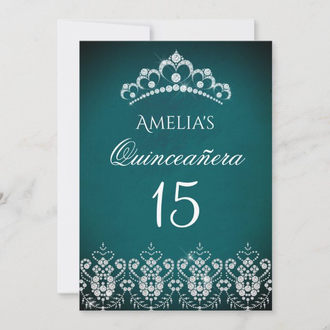 Invitación de Quinceañera Plata Turquesa con Tiara (Anverso)