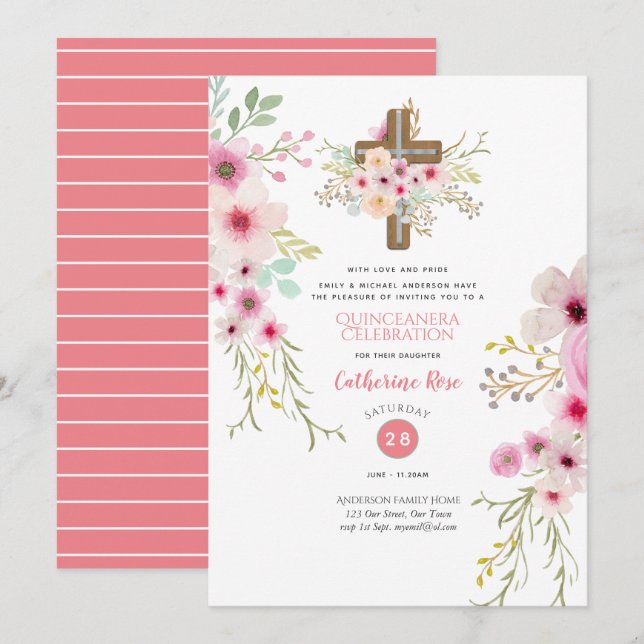 Invitación de Quinceanera por el cielo Flores de B (Anverso / Reverso)