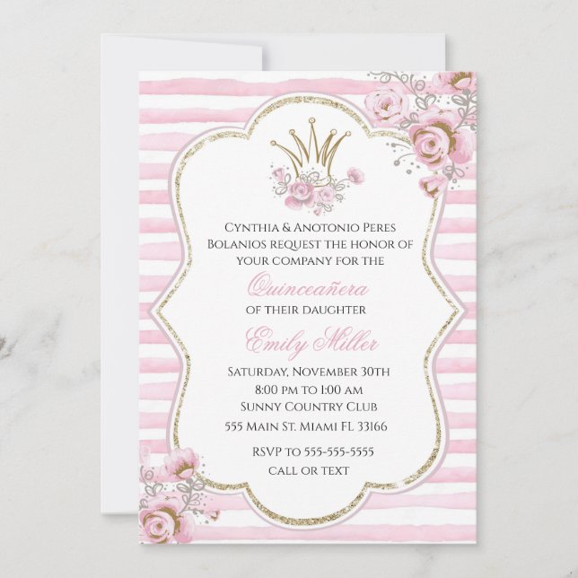 Invitación de Quinceañera princesa oro rosa floral (Anverso)