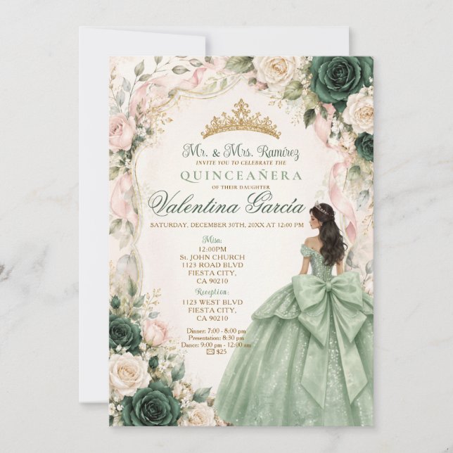 Invitación de Quinceañera Princesa Verde Salvia (Anverso)