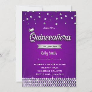 invitación de Quinceañera púrpura plateada con dia