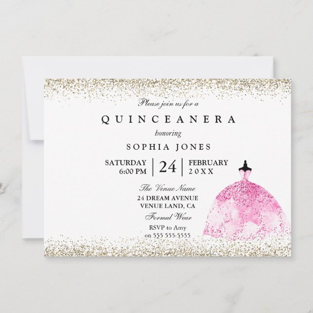 Invitación de Quinceanera Purpurina de oro con ves (Reverso)