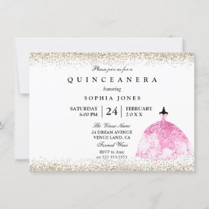 Invitación de Quinceanera Purpurina de oro con ves