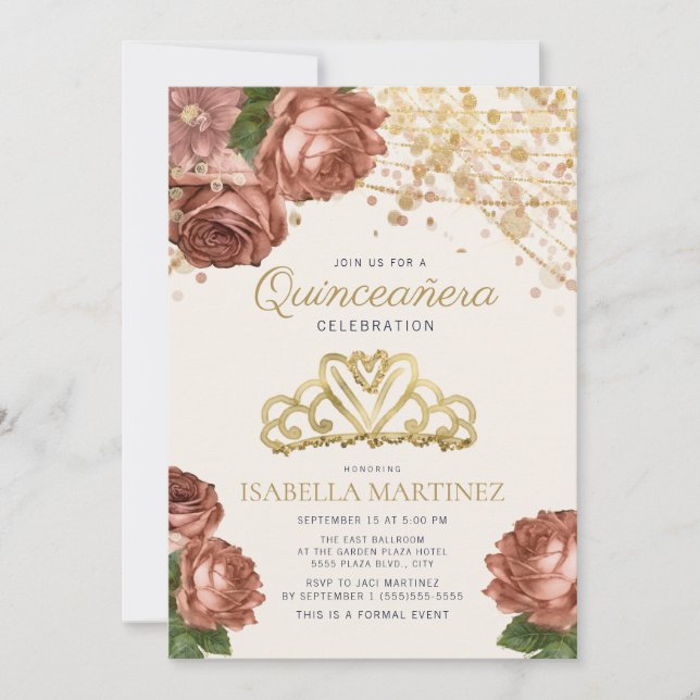 Invitación de Quinceañera, Purpurina de oro floral (Anverso)