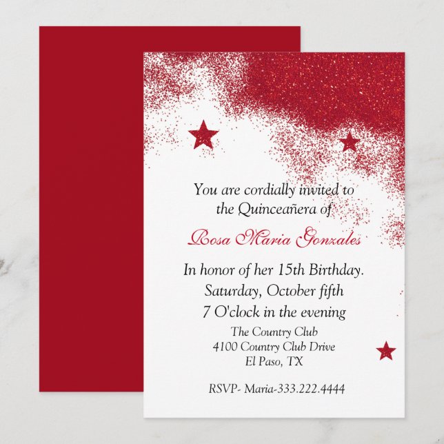 Invitación de Quinceañera Purpurina Rojo (Anverso / Reverso)