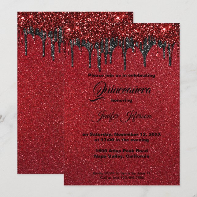 Invitación de Quinceanera purpurina Rojo (Anverso / Reverso)