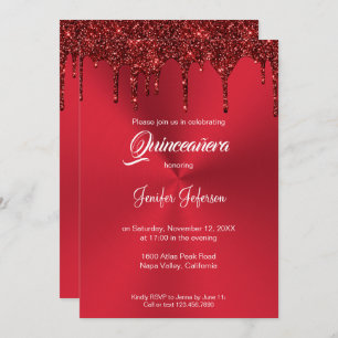 Invitación de Quinceanera purpurina rojo metálico