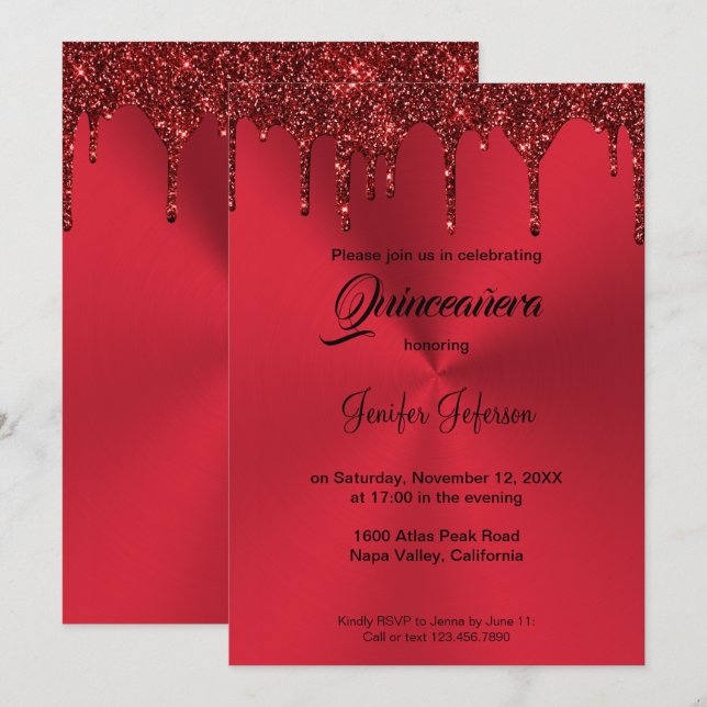 Invitación de Quinceanera purpurina rojo metálico (Anverso / Reverso)