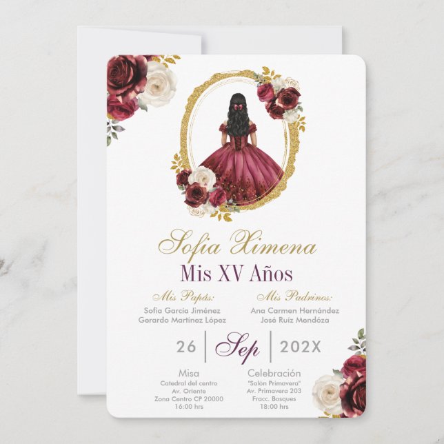 Invitación de Quinceañera Roja Cereza (Anverso)