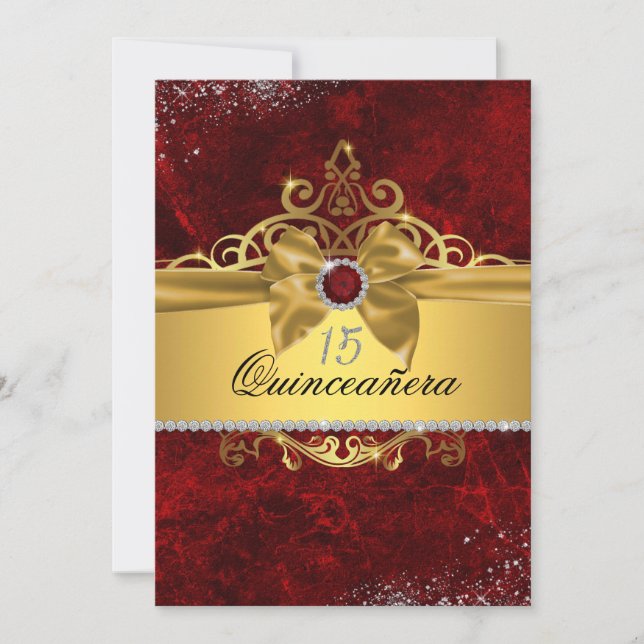 Invitación de Quinceañera Roja Rubí Dorada (Anverso)