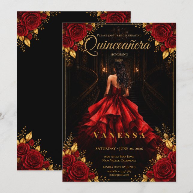 Invitación de quinceañera roja y dorada (Anverso / Reverso)