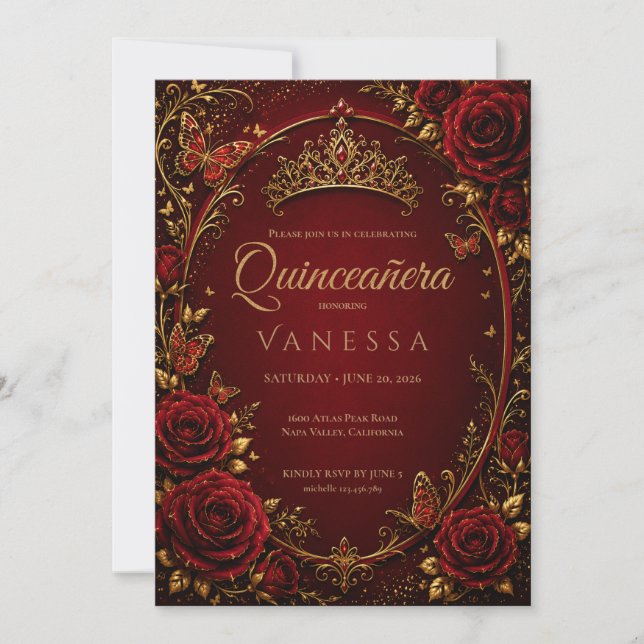 Invitación de Quinceañera Roja y Dorada (Anverso)
