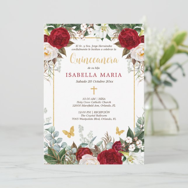 Invitación de quinceañera roja y dorada en español (Anverso de pie)