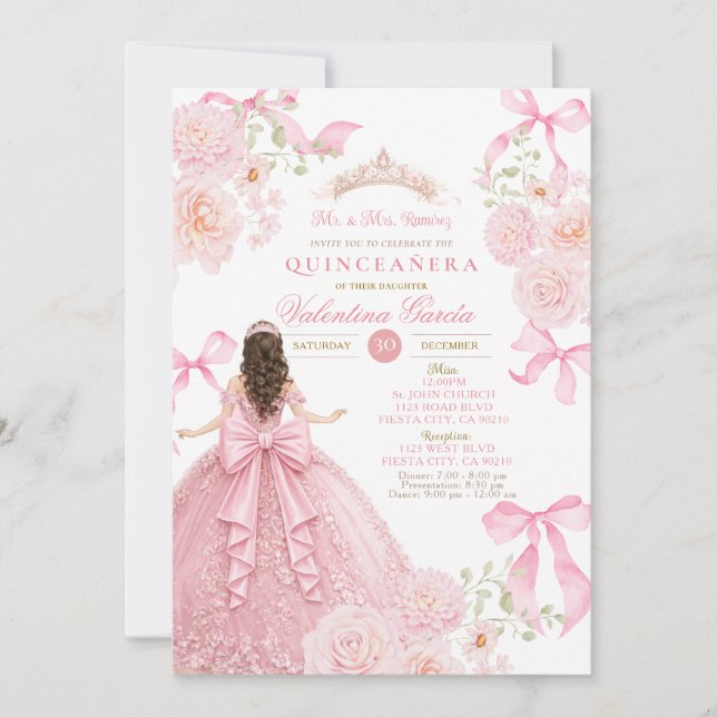 Invitación de Quinceañera Rosa con Vestido de Lazo (Anverso)