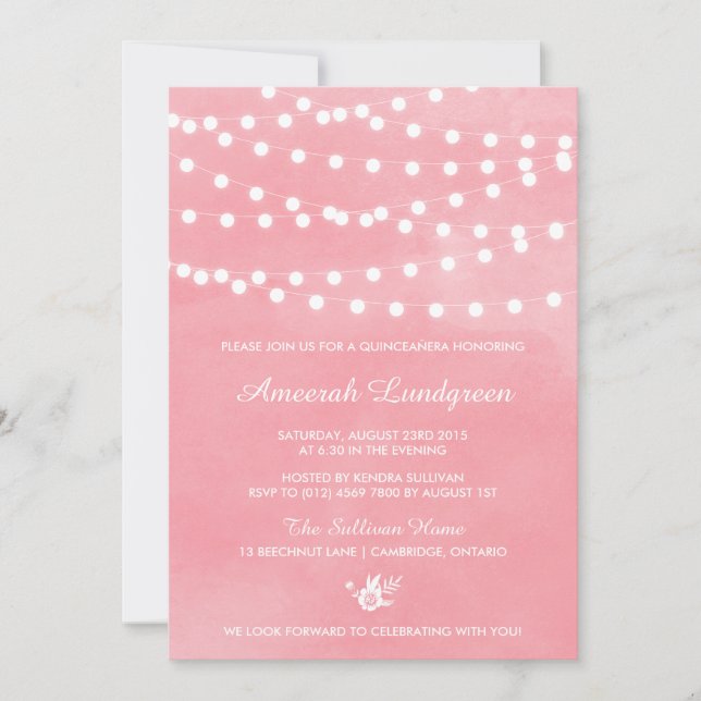 Invitación de Quinceañera rosa de las luces de had (Anverso)