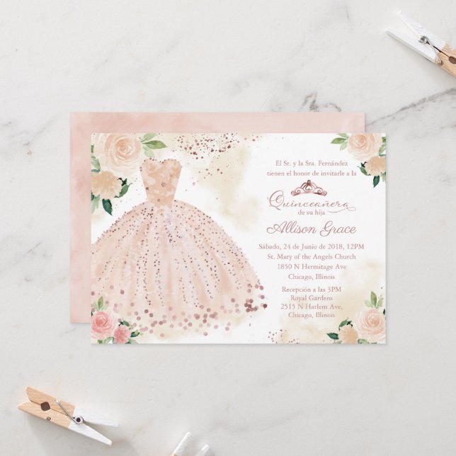 Invitación de Quinceanera Rosa de Rubor español Go (Anverso/Reverso In Situ)